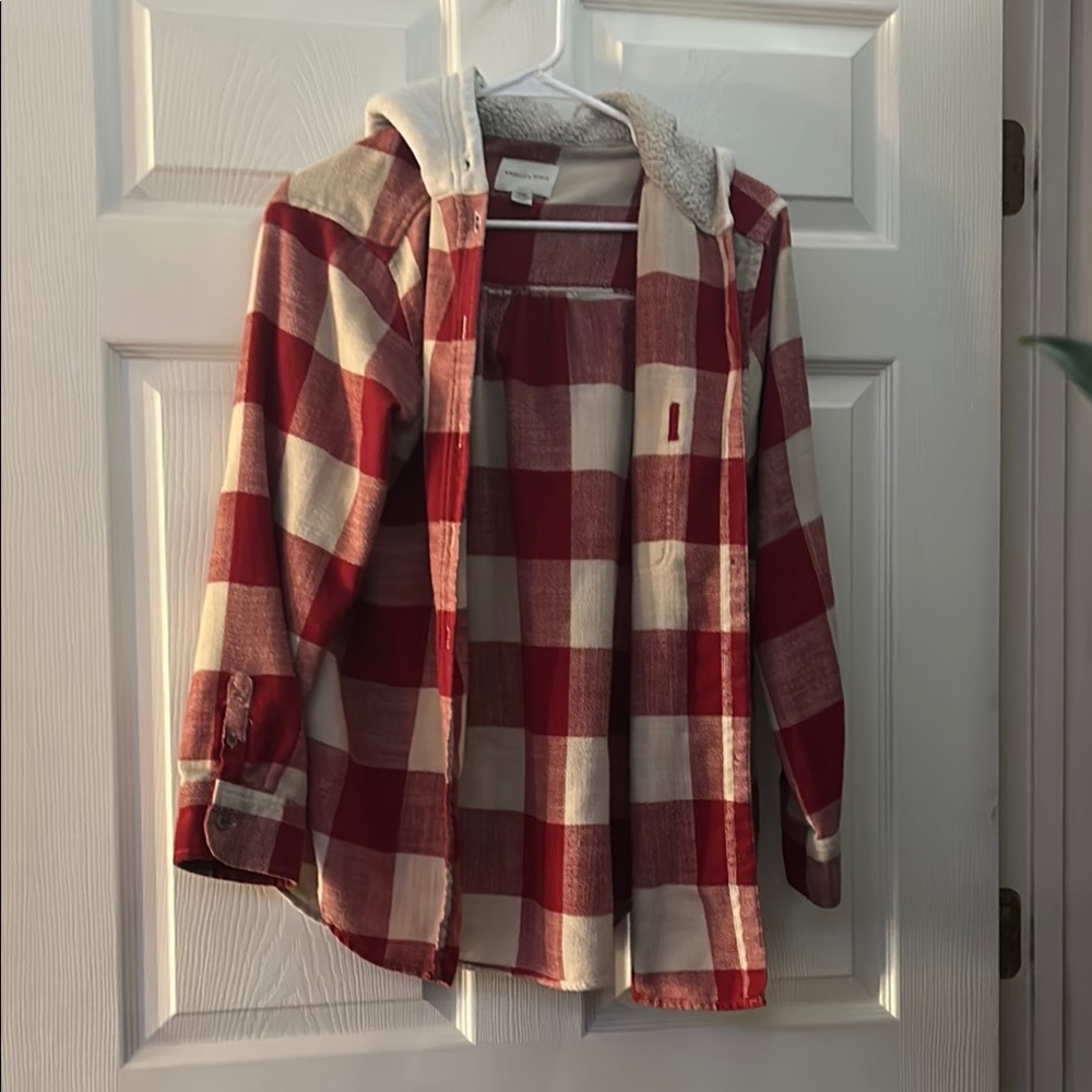 Red and White Plaid Hooded Shirt